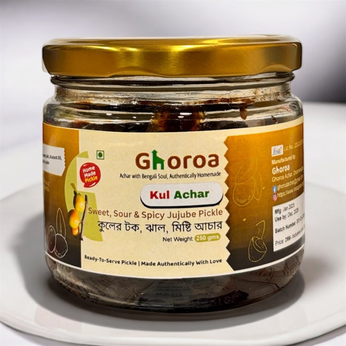 GHOROA Kul er Achar – Authentic Homemade Bengali Sweet & Spicy Jujube Pickle in Mustard Oil | 250 g | Traditional Kuler Achar/Ber ka Achaar | Fruit-Rich, Preservative-Free Indian Pickle